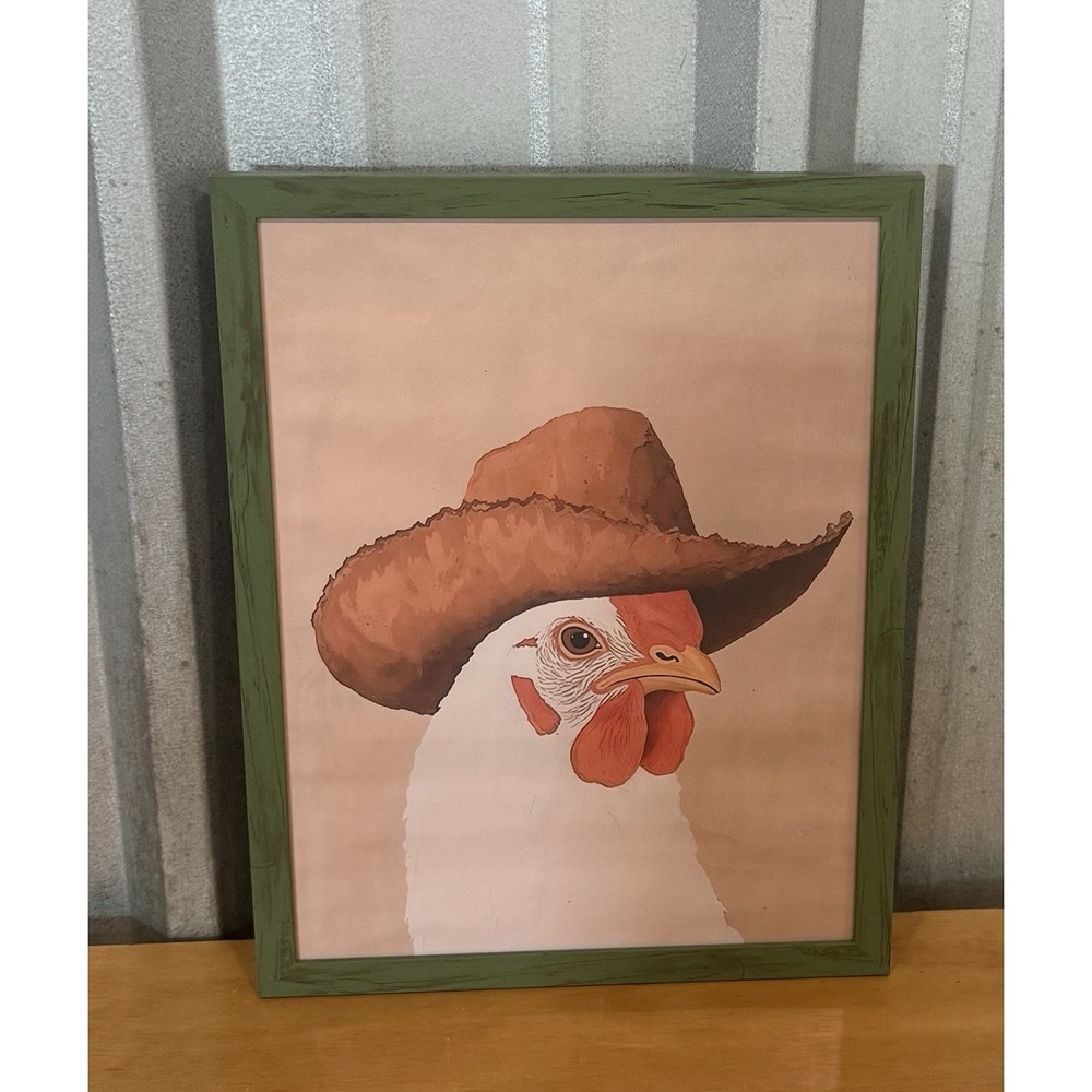Western Cowboy Chicken Wall Art Print Green Frame 12x16 Ready To Hang
